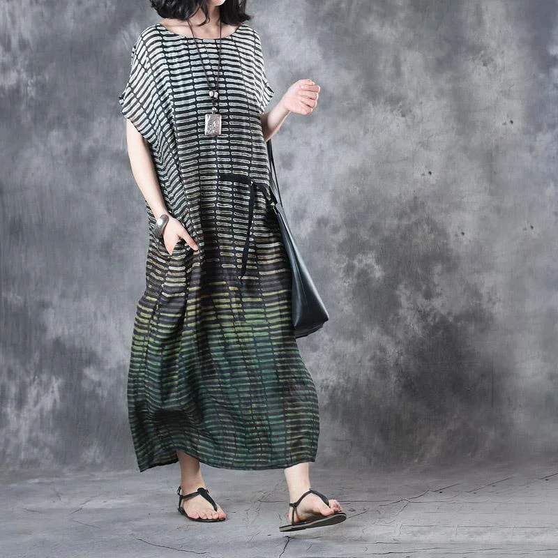 2017 baggy green striped linen women sundress oversize casual dresses o neck maxi dress Comfortable Ruffle Hem Maxi Dress