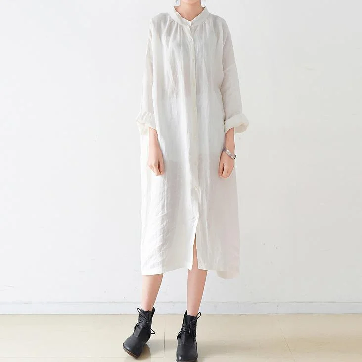 2022 fall white solid brief linen shirt dresses oversize long sleeve maxi dress Stylish Maxi Dress with Pleats