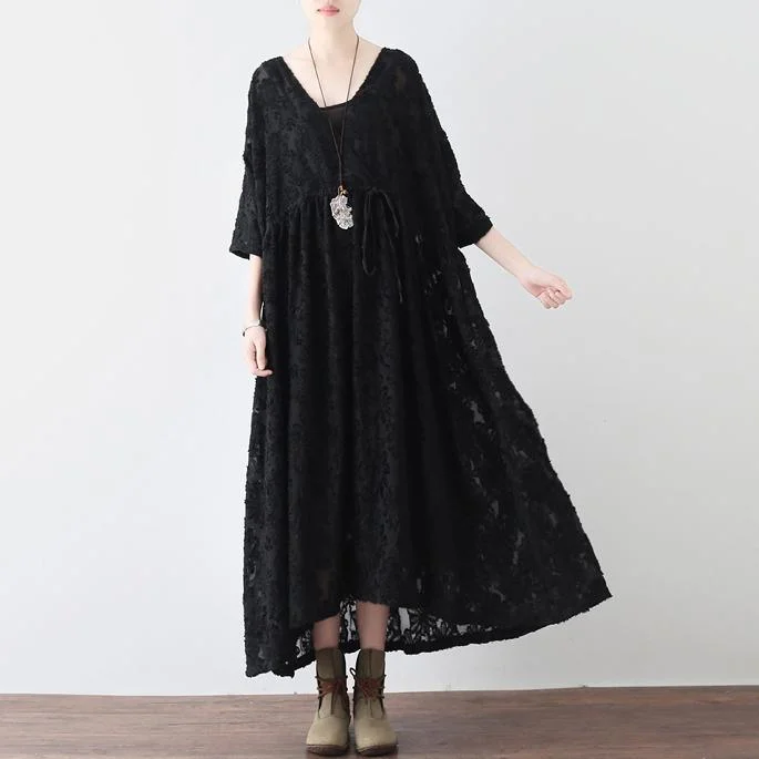 Original Design Black Hollow Out Chiffon Silk Dresses Plus Size Casual Large Hem Maxi Dress Comfortable Pleated Maxi Dress