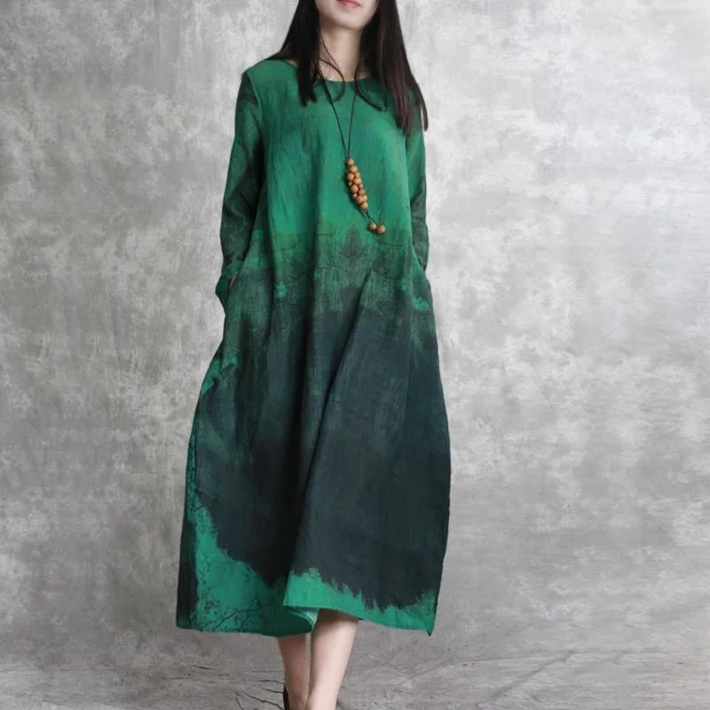 2022 Green Chiffon Caftans Plussize Prints Chiffon Maxi Dress New O Neck Kaftans Fashionable High-Low Maxi Dress