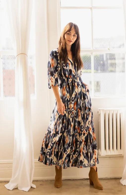 Tiered Woven A-Line Maxi Dress | Ikat Print Elegant Pleated Maxi Dress