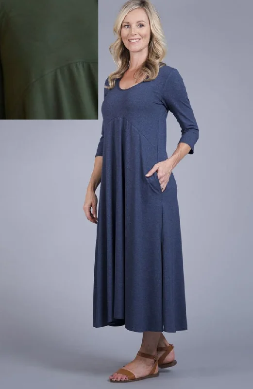 Salaam 3/4 Sleeve Melta Maxi Dress with Pockets | Olive Green Cozy Open-Back Maxi Dress