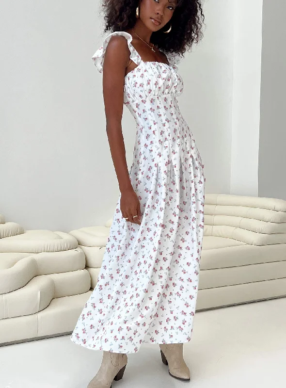 Alver Maxi Dress White Floral Fashionable Maxi Dress with Fringe