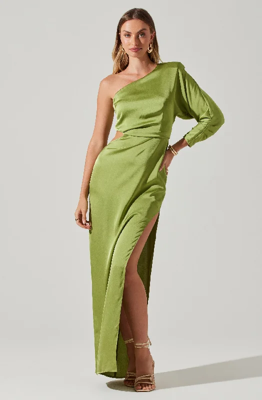 Amari Satin Cutout One Shoulder Maxi Dress Comfortable Fitted Maxi Dress