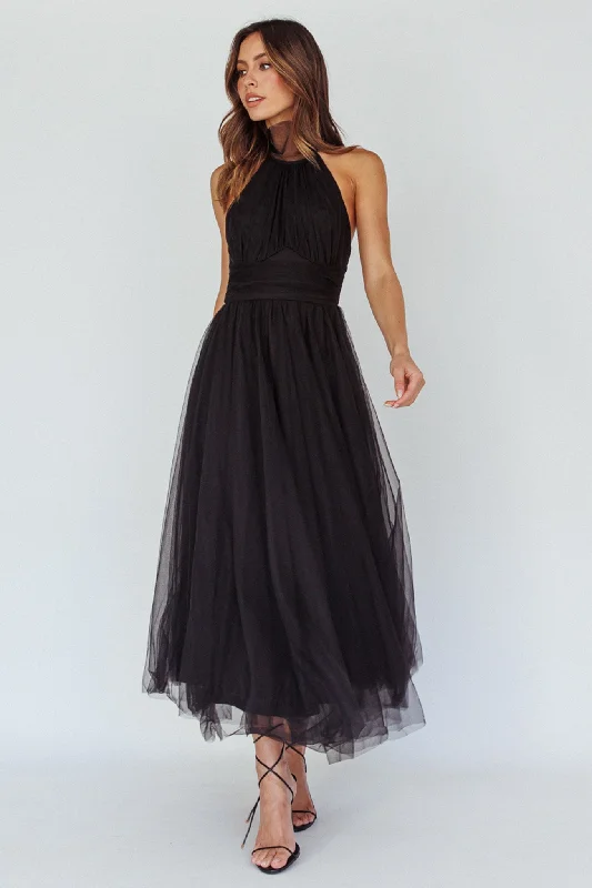 Andria Halterneck Tulle Midi Dress Black Trendy Long Sleeve Midi Dress