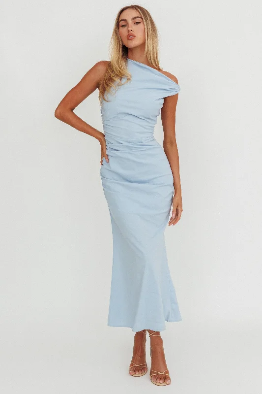 Angel's Song Asymmetric Neckline Maxi Dress Blue Comfortable Ruffle Hem Maxi Dress