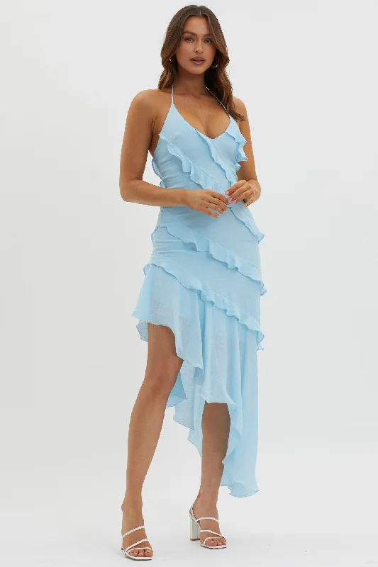 Arrabel Tiered Ruffle Asymmetric Midi Dress Blue Trendy Flared Sleeve Midi Dress