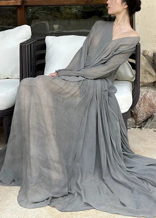 Art Grey V Neck Wrinkled Cotton Maxi Dresses Long Sleeve EE1064 Trendy A-Line Maxi Dress