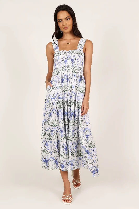 August Shirred Maxi Dress - Blue Floral Comfortable T-Shirt Maxi Dress