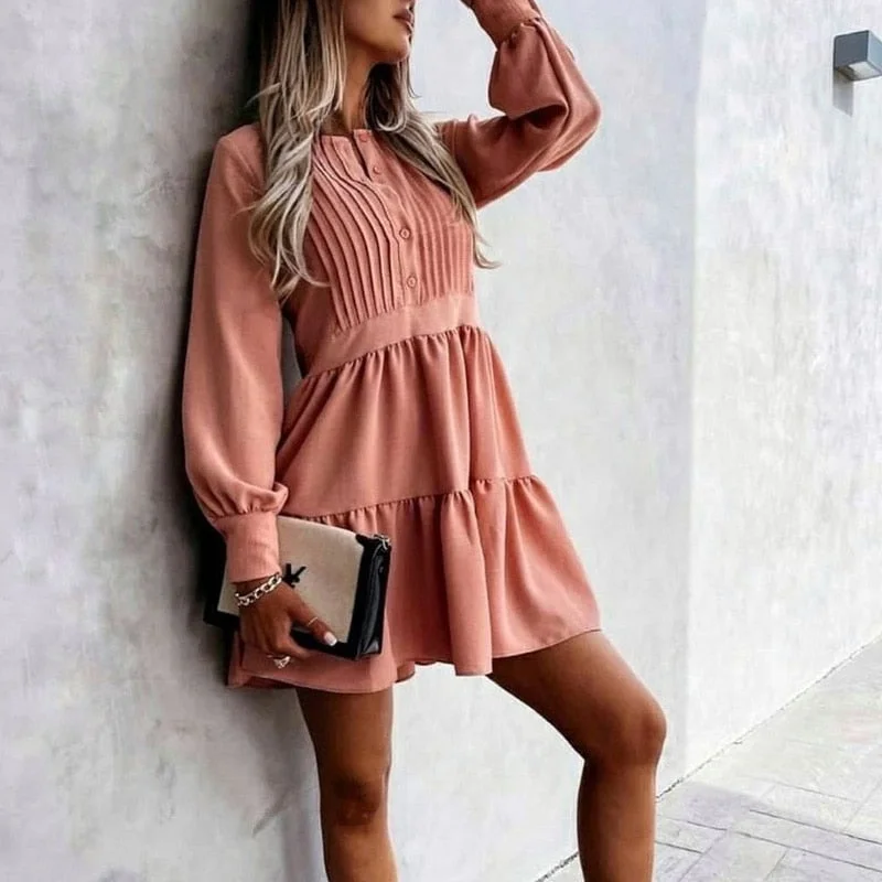 FashionSierra - O Neck Button Draped Party A-Line Mini Dress Cozy Ruched Mini Dress