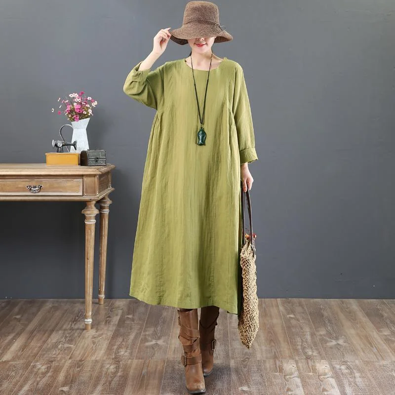 Baggy Green Linen Maxi Dress Plus Size O Neck Linen Gown Vintage Long Sleeve Gown Elegant Maxi Dress with Lace