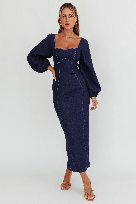 Bay Side Long Sleeve Denim Midi Dress Indigo Elegant Sleeveless Midi Dress