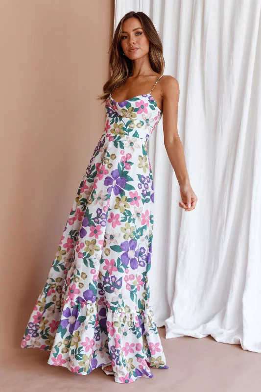 Beachside Flounce Hem Maxi Dress White Floral Fashionable Asymmetrical Maxi Dress