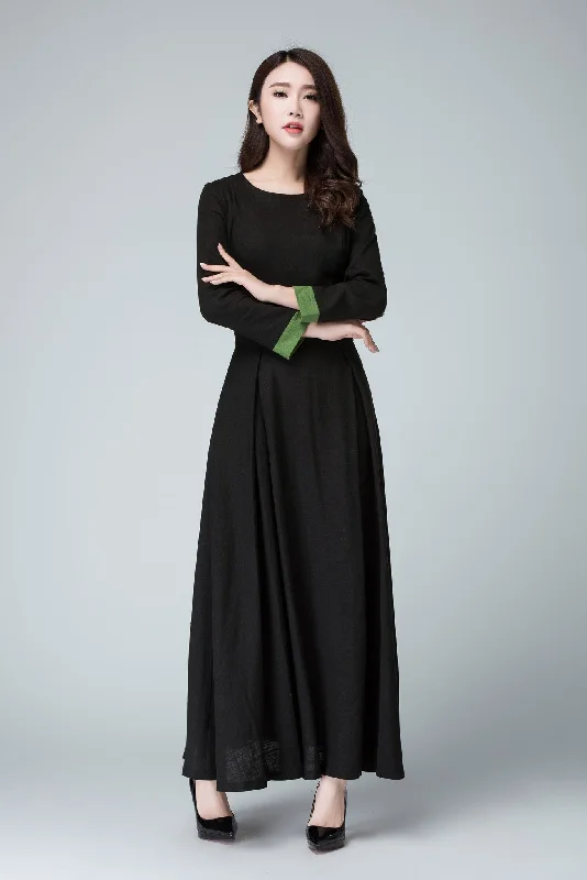 Black dress linen dress maxi dress women dress 1450# Stylish Button-Up Maxi Dress