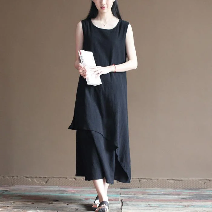 black layered linen dress summer long maxi dresses beach sundress sleeveless Comfortable Maxi Dress with Sleeves