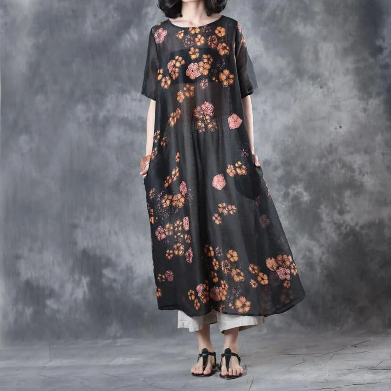 black prints summer silk linen dresses oversize stylish sundress short sleeve maxi dress Comfortable Long-Sleeve Maxi Dress