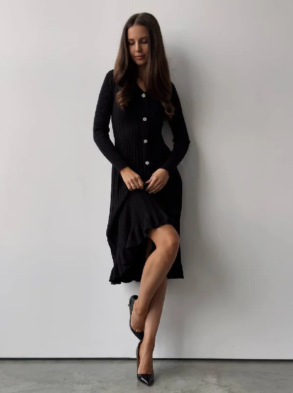 Black Ribbed Knit Midi Dress with Crystal Buttons Comfortable Deep V Midi Dress