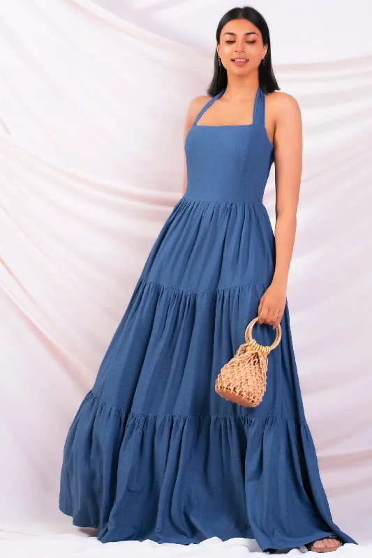 Blue Tiered Maxi Dress Fashionable Layered Maxi Dress