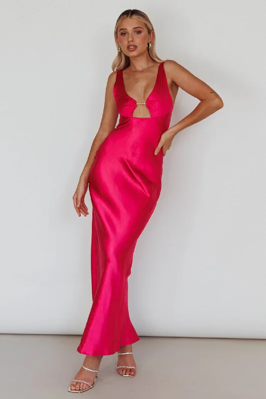 Blushing Beauty Horsebit Accent Maxi Dress Hot Pink Stylish Off-Shoulder Maxi Dress