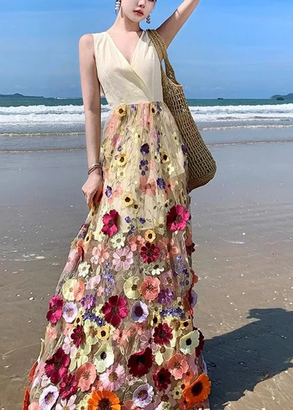 Bohemian V Neck Tulle Embroidered Patchwork Floral Tulle Maxi Dress Summer UU1024 Cozy Wrap Maxi Dress