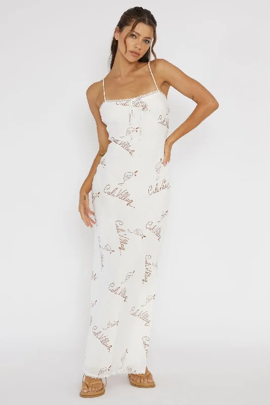 Cali Sunset Lace Trim Maxi Dress Print Tan Elegant Maxi Dress with Ruffles