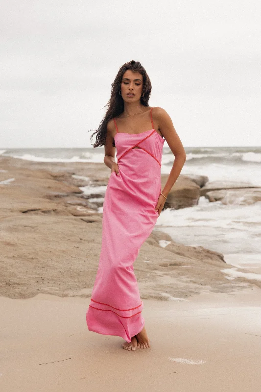 Callie Contrast Trim Maxi Dress - Pink Cozy Wrap Maxi Dress