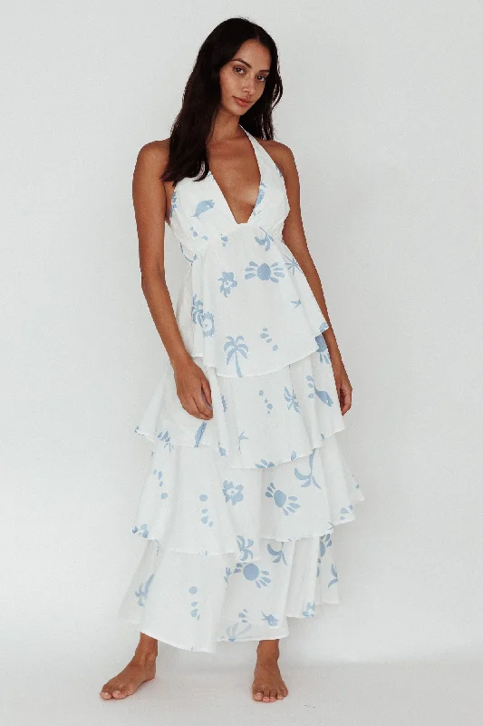 Catalina Tiered Ruffle Maxi Dress White Blue Stylish Boho Chic Maxi Dress