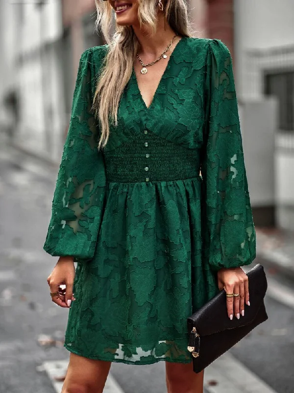 FashionSierra - Chic Hook Flower Hollow Button Full Sleeve Mini Dress Elegant Satin Lace Mini Dress