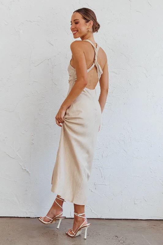 Coastal Charm Twist Back Maxi Dress Oat Stylish One-Shoulder Maxi Dress