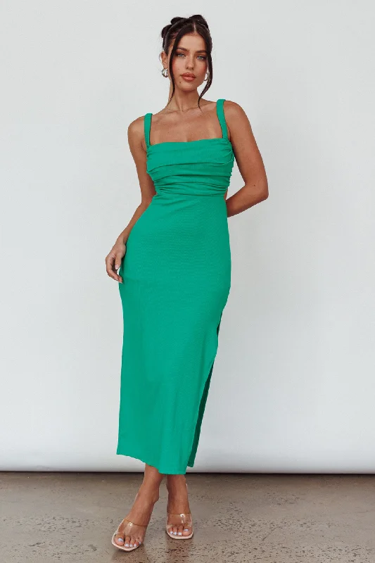 Cosmic Love Strappy Back Midi Dress Green Cozy Spaghetti Strap Midi Dress