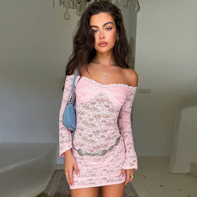 Sheer Lace Elegant Fashion Off Shoulder Long Sleeve Slim Party Mini Dress Stylish Ruffle Mini Dress