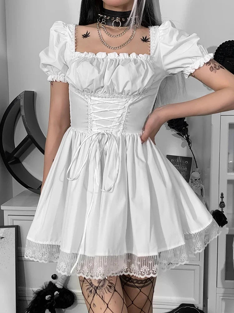 FashionSierra - Puff Sleeve Women Y2K Square Neck Kawaii Lace Trim Partywear Lolita Cute White Princess Elegant Party Mini Dress Trendy Bodycon Mini Dress