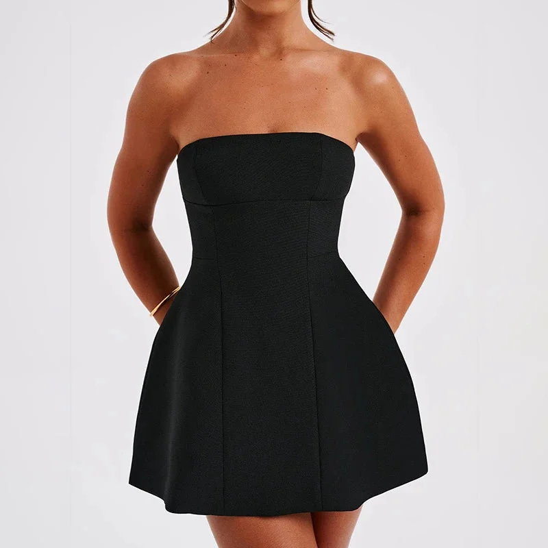 FashionSierra - Strapless Backless Women Fashion With Zipper Off-Shoulder Sleeveless A-Line Bodycon Club Party Mini Dress Comfortable Smocked Mini Dress