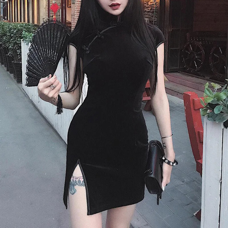 FashionSierra - Dark Women Cheongsam Chinese Style Skinny Streetwear Sexy Vintage Haraiuku Summer Women Clothing Slim 2024 Mini Dress Trendy Lace Mini Dress