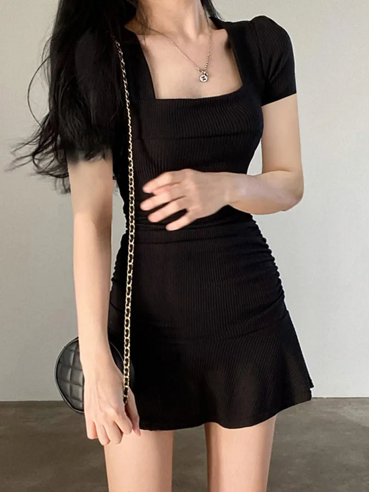 FashionSierra - Ribbed Square Collar Casual Black Short Sleeve Ruffles Patchwork Mini Dress Fashionable Mini Dress with Pockets