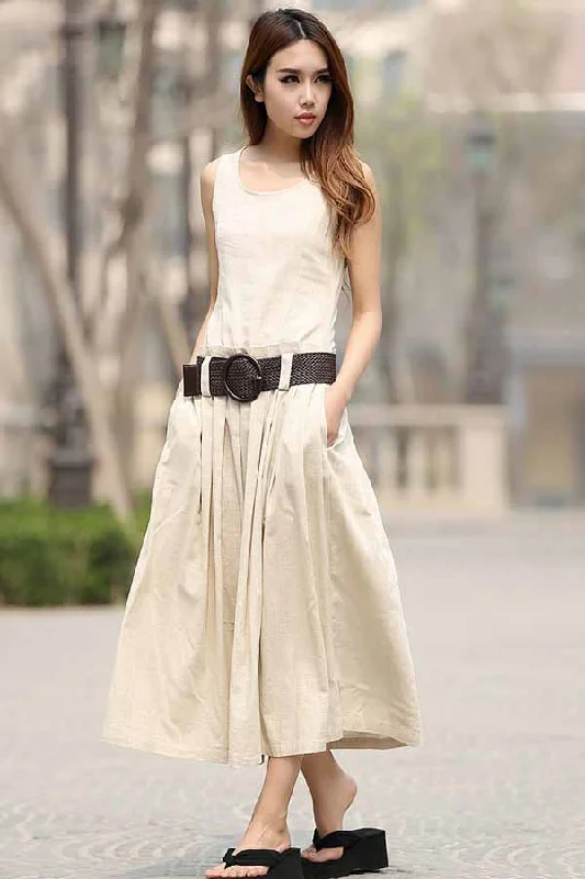 Women's sleeveless linen maxi dress with pleating details 0931# Chic Sleeveless Maxi Dress