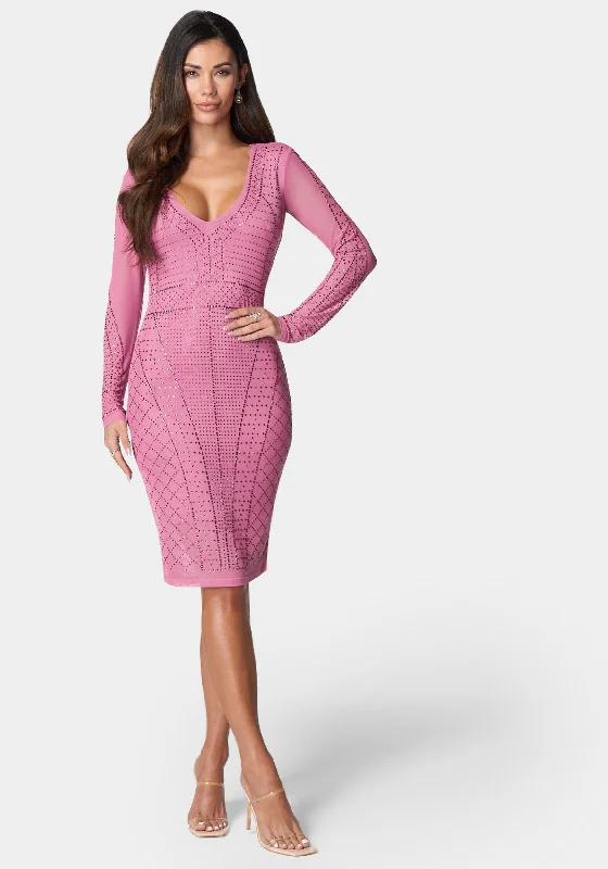 Crystal Mesh Midi Dress Elegant Pleated Sleeve Midi Dress