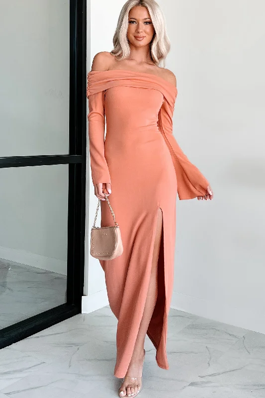 Cue The Drama Off The Shoulder Maxi Dress (Coral) Stylish Button-Up Maxi Dress