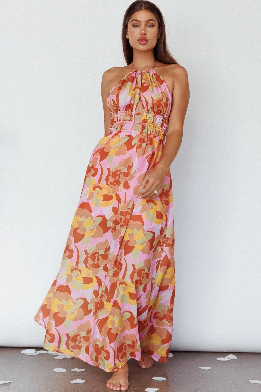 Cyndi Open Back Halterneck Maxi Dress Pink Multi Elegant Silk Maxi Dress