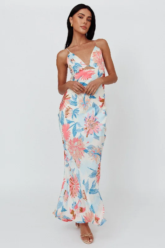 Dance Again Cut-Out Back Maxi Dress Floral Blue Cozy Longline Maxi Dress