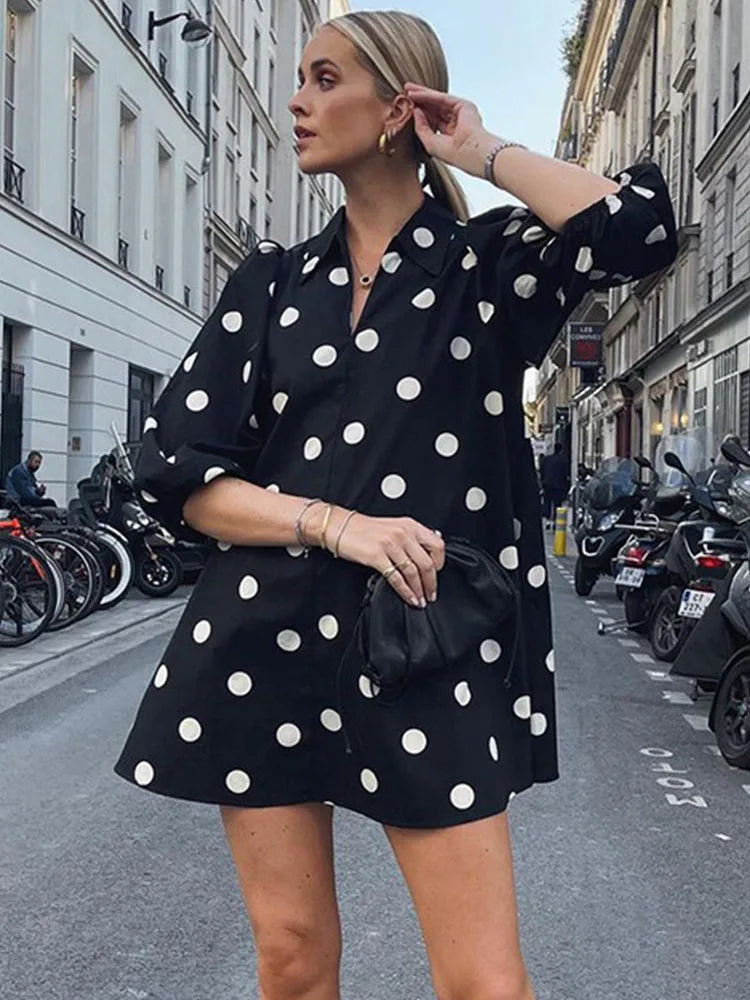 Deep V Neck Dot Loose Summer Street Casual Temperament Mini Dress Comfortable Ruffle Mini Dress