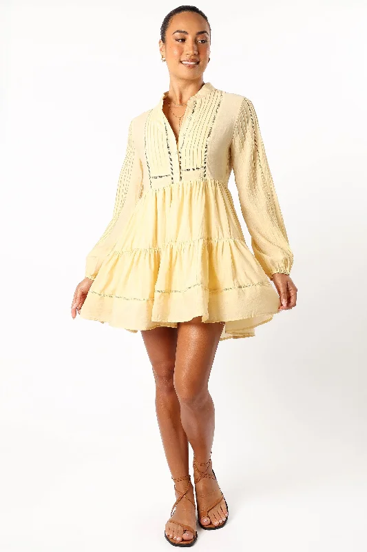 Denali Long Sleeve Mini Dress - Tan Yellow Fashionable Mini Dress with Slits