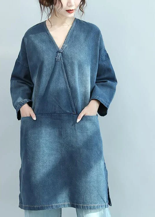 Denim Blue Natural Cotton Dress Plus Size V Neck Maxi Dress Long Sleeve Stylish Long Sleeve Maxi Dress