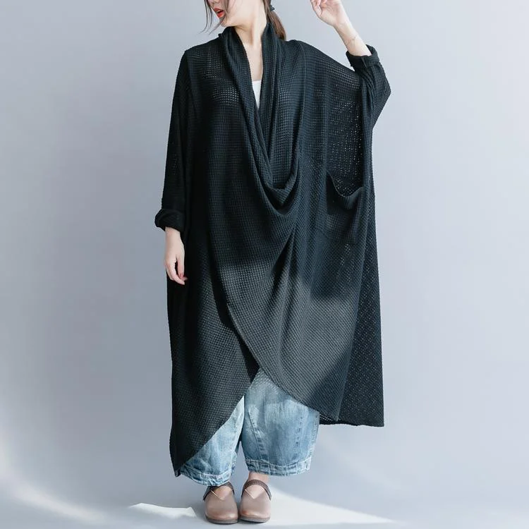 Diy Asymmetric Pockets Cotton Tunics Fashion Tunic Tops Black Maxi Dresses Spring Fashionable Faux Wrap Maxi Dress