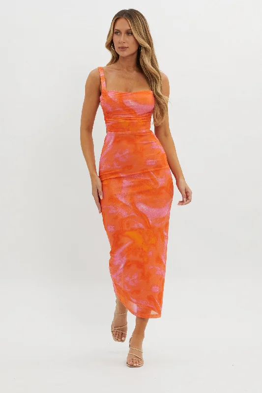 Dream Crush Lace-Up Back Side Split Maxi Dress Swirl Orange Comfortable Cotton Maxi Dress