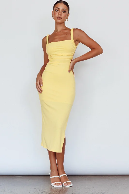 Dream Crush Lace-Up Back Side Split Midi Dress Lemon Stylish Silk Midi Dress