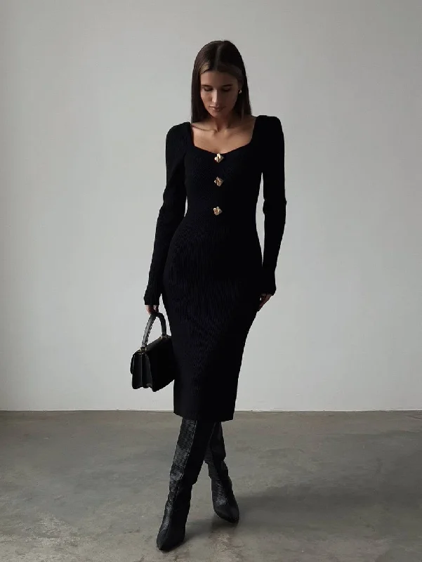 Elegant Black Ribbed Knit Midi Dress Stylish High-Waisted Midi Dress