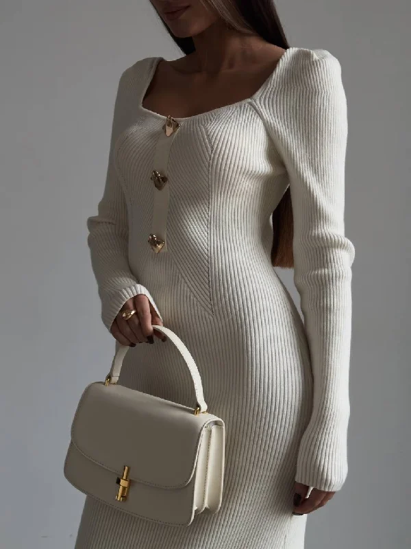 Elegant Cream Ribbed Knit Midi Dress Trendy Fit-and-Flare Midi Dress