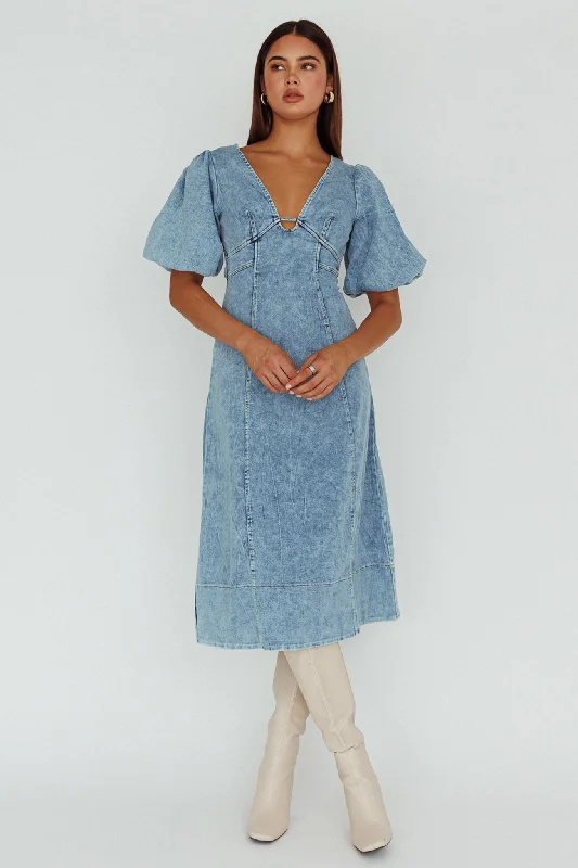 Elias Puff Sleeve Midi Dress Denim Trendy Fit-and-Flare Midi Dress