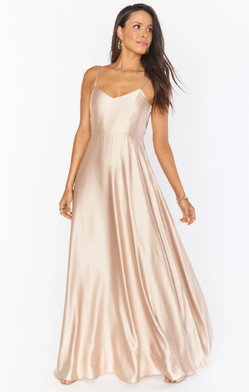 Faith Maxi Dress ~ Champagne Luxe Satin Comfortable Plunging Neckline Maxi Dress